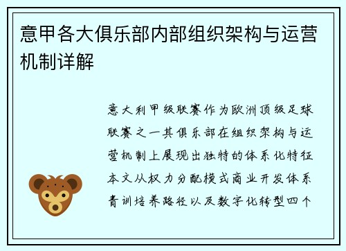 意甲各大俱乐部内部组织架构与运营机制详解